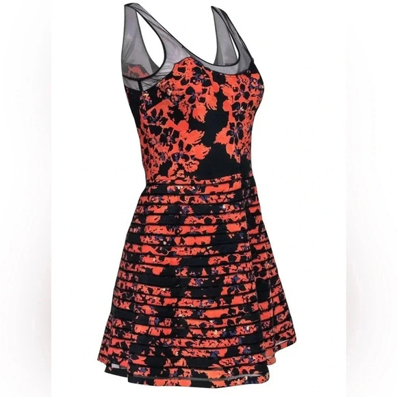 Parker Orange & Black Petal Bloom Mesh Sleeveless Fit & Flare Silk Dress Size M - Picture 6 of 10